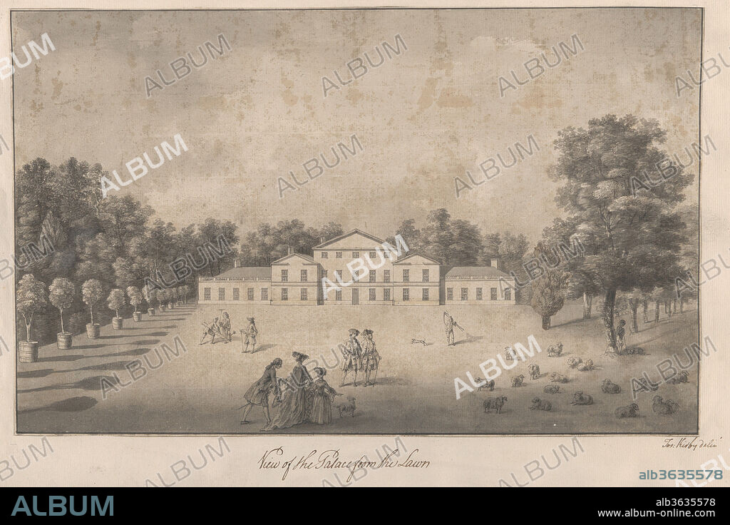 View of the Palace from the Lawn at Kew. Architect: Sir William Chambers (British (born Sweden), Göteborg 1723-1796 London). Artist: Joshua Kirby (British, Parham, Suffolk 1716-1774 Kew Green, Surrey). Dimensions: sheet: 11 1/4 x 18 3/16 in. (28.5 x 46.2 cm). Date: 1763.
Leaf 36 in William Chambers album of drawings, "Plans, Elevations, Sections, and Perspective Views of the Gardens and Buildings of Kew" (25.19).