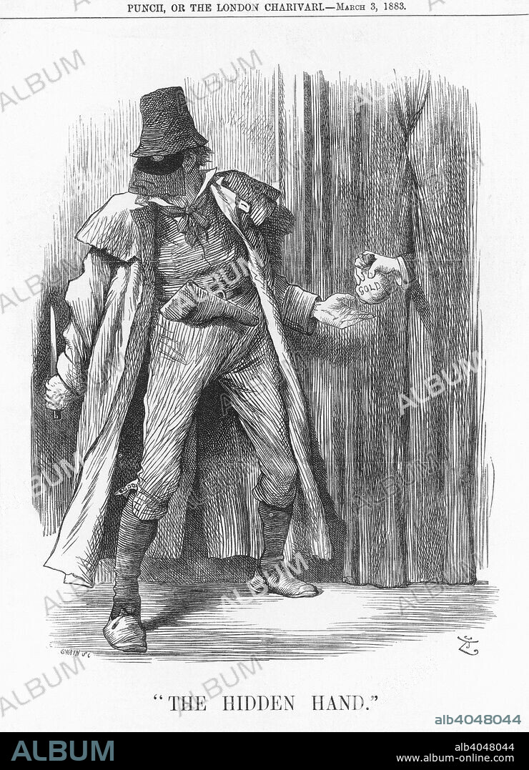 The hidden hand, 1883. This cartoon shows an Irish anarchist, armed with knife and pistol, surreptitiously accepting a bag of gold. This is a reference to the murder of the new Chief Secretary for Ireland and his colleague who died after being attacked in Dublin's Phoenix Park. A number of men had been arrested and one of them, James Farrell, became an informer. He gave details of a number of planned outrages, amongst them the intended murder of the previous Chief Secretary, William Forster. From Punch, or the London Charivari, March 3, 1883.