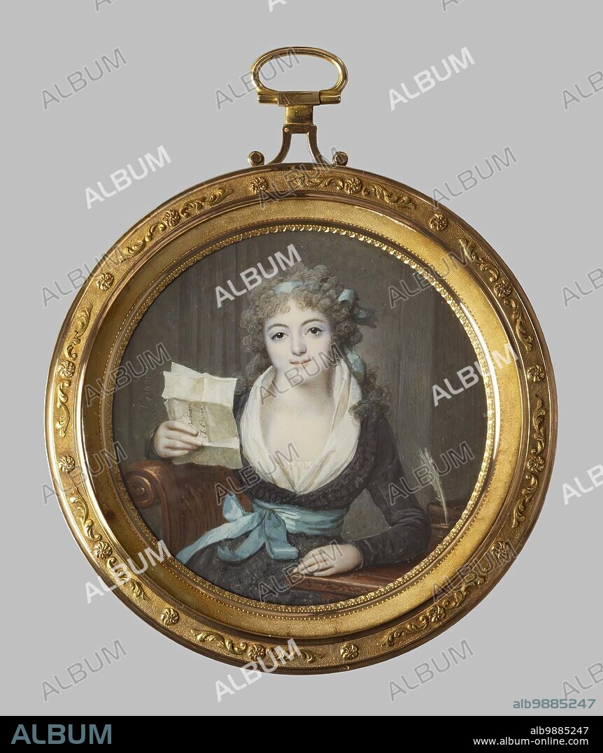 FRANCOIS DUMONT. Mademoiselle de Montbrizon, 1795. In this circular miniature, Mlle de Montbrizon looks up from her desk with a letter in her hand. Polite and expressive letter writing was a highly prized social accomplishment in 18th-century France. In Paris, the French capital, notes and letters crisscrossed the city; by the mid-century, there were up to nine deliveries of mail each day. Although the sitter in this miniature is shown with a quill and elegant writing furniture, we can tell from the way in which it is folded and addressed that she has received rather than written the letter she holds.