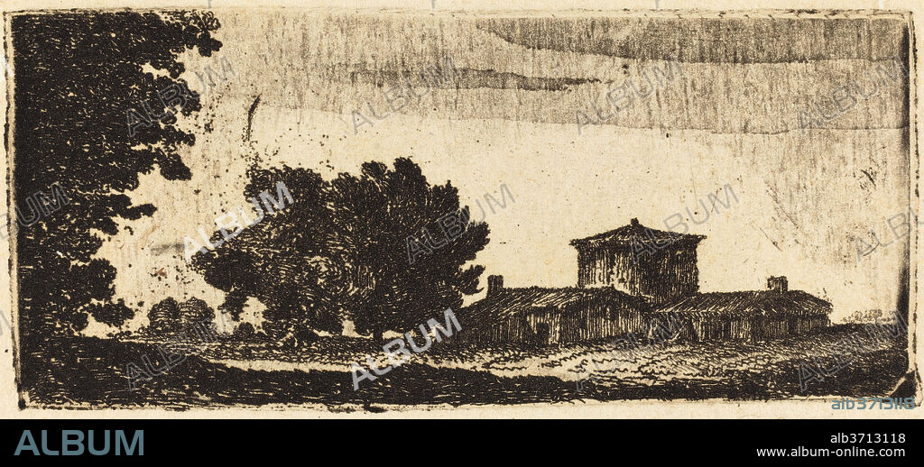 OF ELDIN JOHN CLERK. Trees with a Low Building. Dated: c. 1770/1782. Dimensions: plate: 3.4 x 7.7 cm (1 5/16 x 3 1/16 in.)  sheet: 5.4 x 11.5 cm (2 1/8 x 4 1/2 in.). Medium: etching and aquatint with scraping on laid paper.