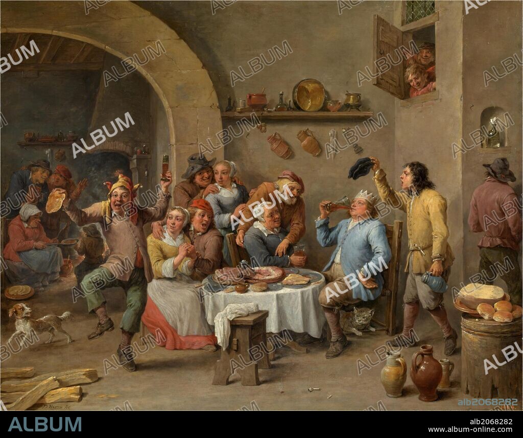 DAVID TENIERS EL JOVEN. David Teniers / 'El rey bebe', 1650-1660, Escuela Flamenca, Óleo sobre Lámina de cobre, 58 cm x 70 cm, P01797.
