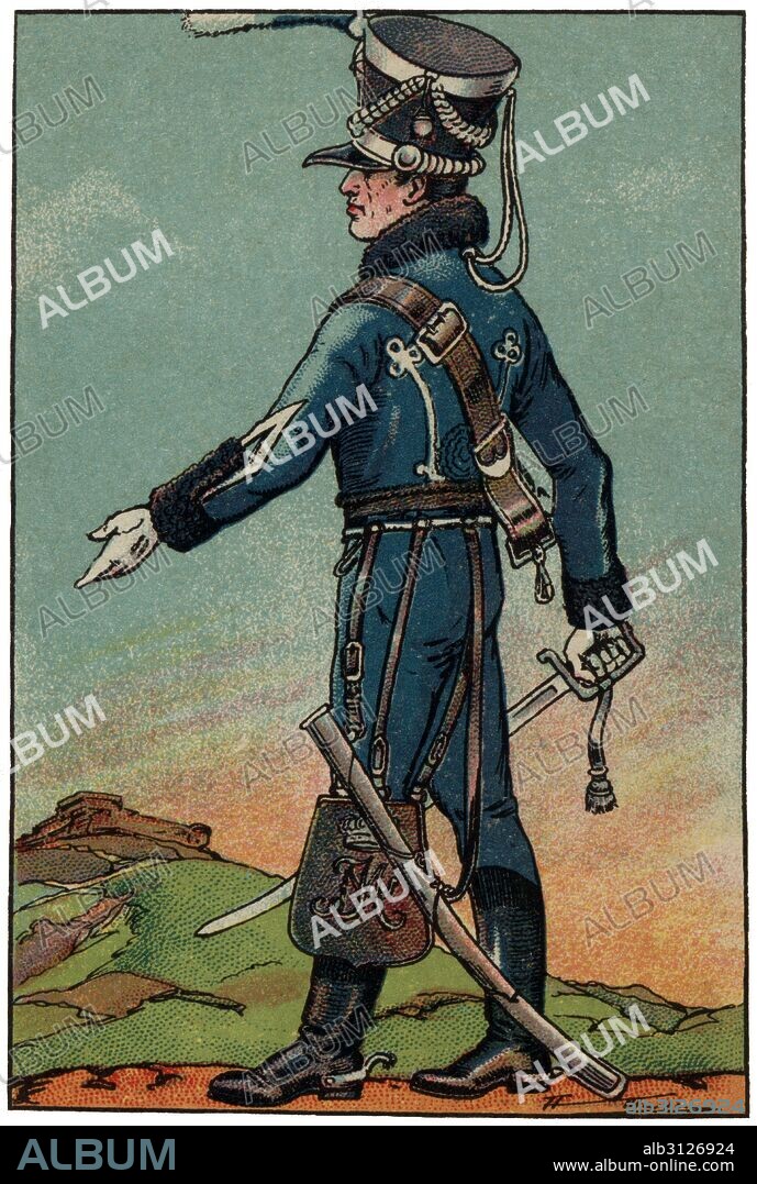 ALBERT MESTRE MORAGAS. Uniforme de húsar del ejército español durante el reinado de Fernando VII en el siglo XIX. Cromo de Chocolates Juncosa. Años 1920.