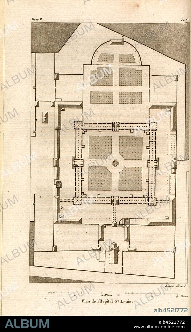 Map of St. Louis Hospital, Plan and floor plan Hôpital Saint-Louis in Paris, Pl. 15, after p. 72, p. 105, J. G. Legrand; C. P. Landon: Description de Paris et de ses édifices: avec un précis historique et des observations sur le caractère de leur architecture, et sur les principaux objets d'art et de curiosité qu'ils renferment. Seconde édition, corrigée avec soin dans toutes ses Parties, et considérablement augmentée. Bd. 2. Paris. Strasbourg. Treuttel et Würtz, 1818.