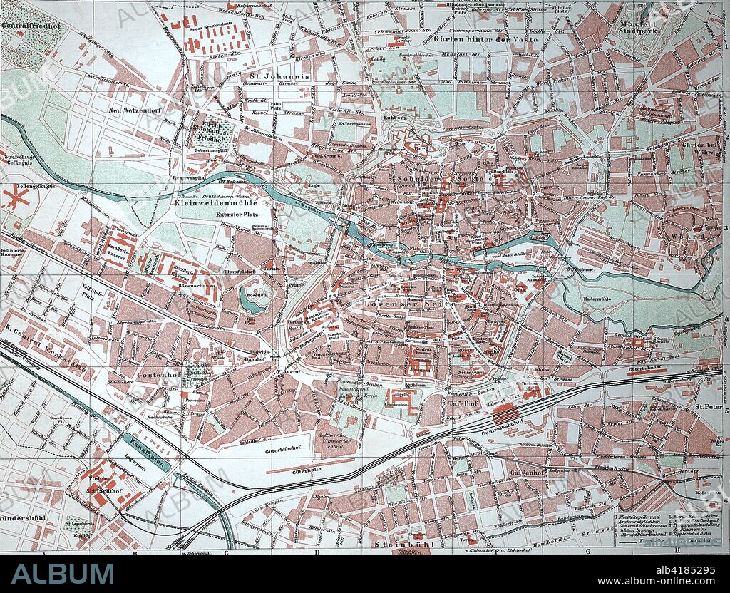 Stadtplan von Nuernberg, Deutschland, 1895, city map of Nuremberg, Germany, digital improved reproduction of an original print from the year 1895.