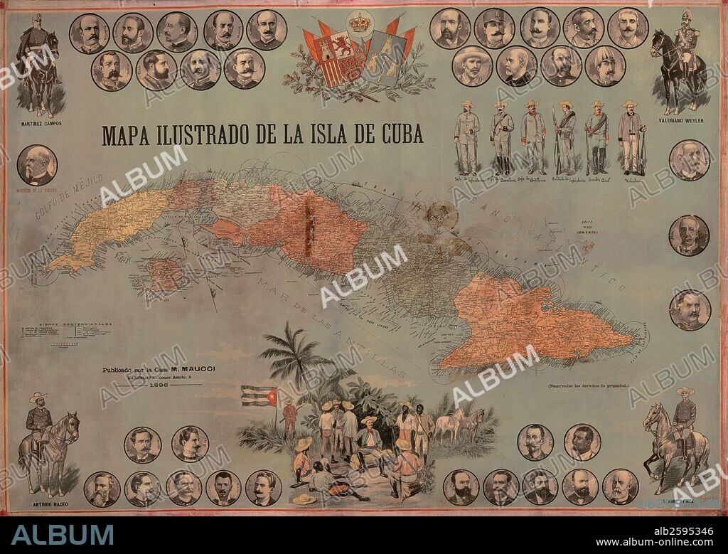 Mapa ilustrado de la isla de Cuba de 1896 con mandos y ejército español, e insurrectos cubanos.