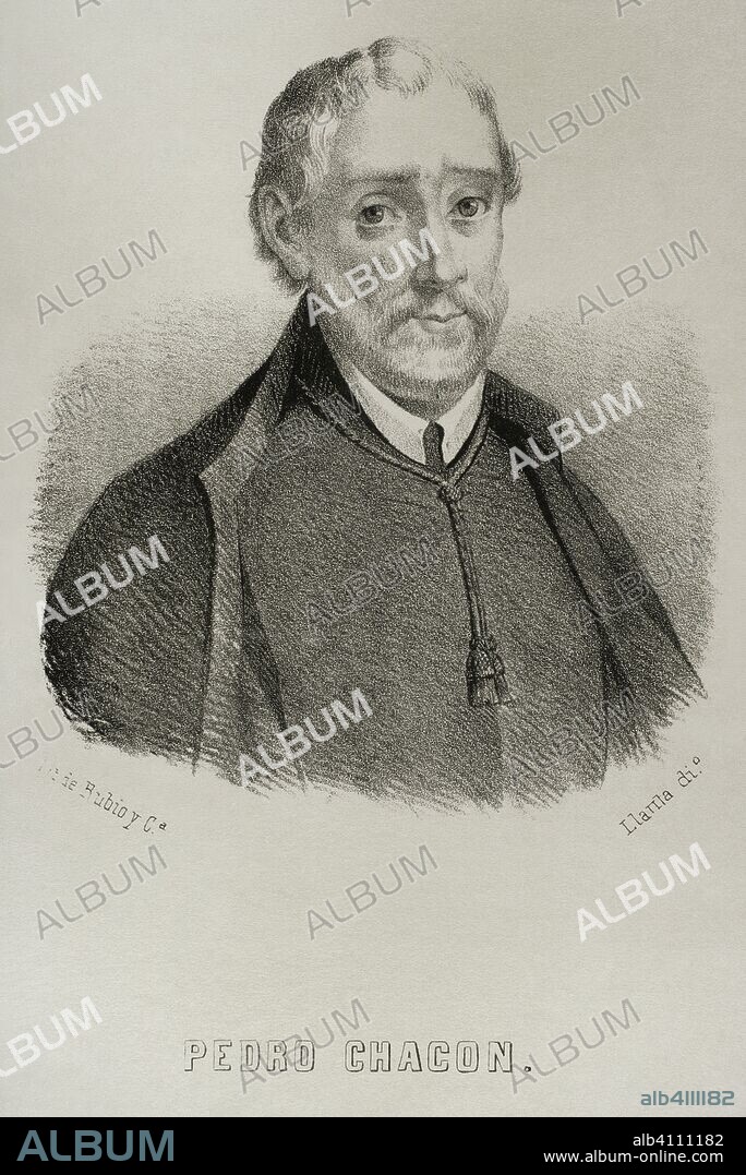 Pedro Chacón (1526-1581). Matemático y teólogo español. Dibujo por Llanta. Litografía. Crónica General de España, Historia Ilustrada y Descriptiva de sus Provincias. Castilla-La Nueva, 1869. Biblioteca Histórico Militar de Barcelona, Cataluña, España.