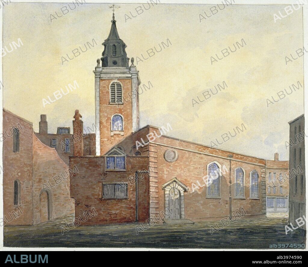 Church of St Michael Bassishaw, City of London, 1815. South-west view with Basinghall Street just visible on the right.