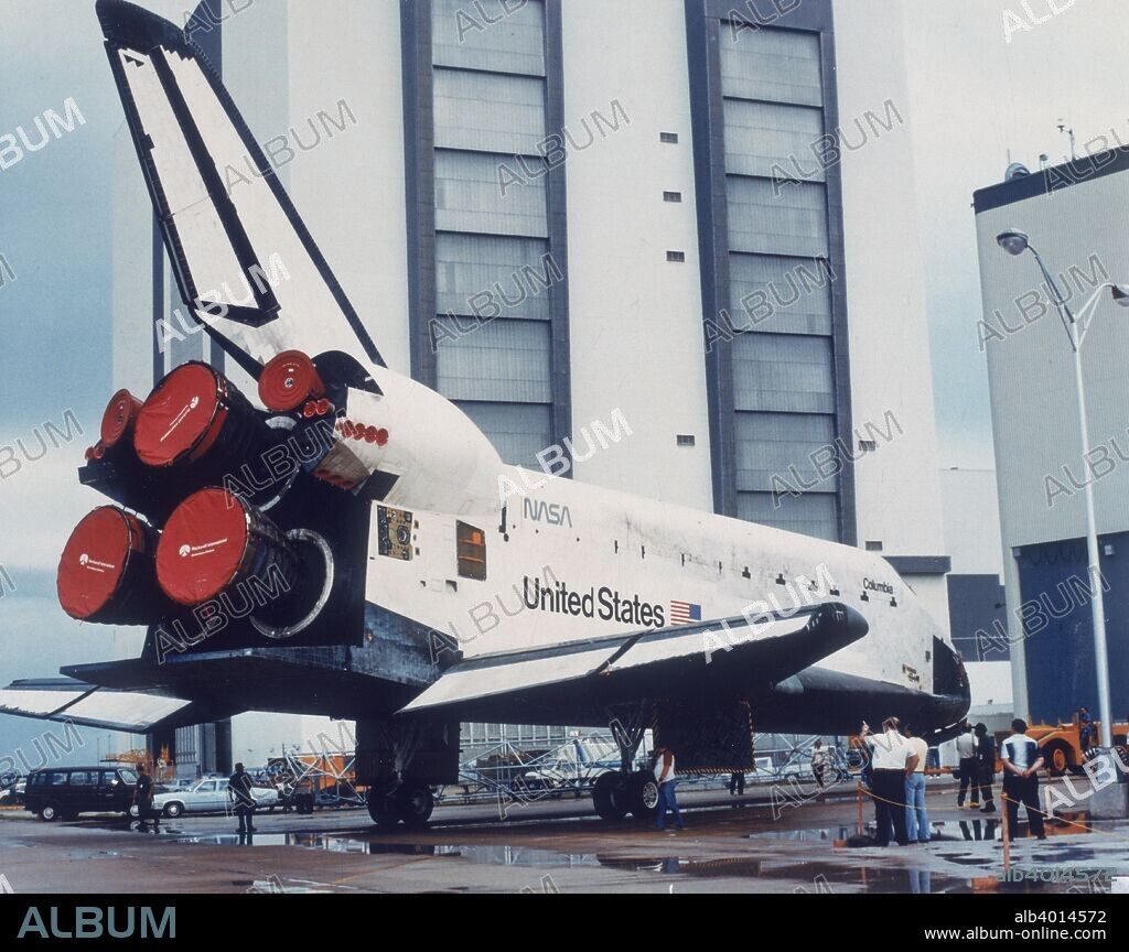 Space Shuttle Columbia on Earth, 1980s. Rear of Columbia, at Kennedy Space Centre, Cape Canaveral, Florida, USA, showing Space Shuttle Main Engines (SSME). The Shuttle has three main engines which are used during the early stages of the launch. The Space Shuttle, the world's first partially reusable launch vehicle, first flew on 12 April 1981 and has been used for all America's manned space missions ever since.