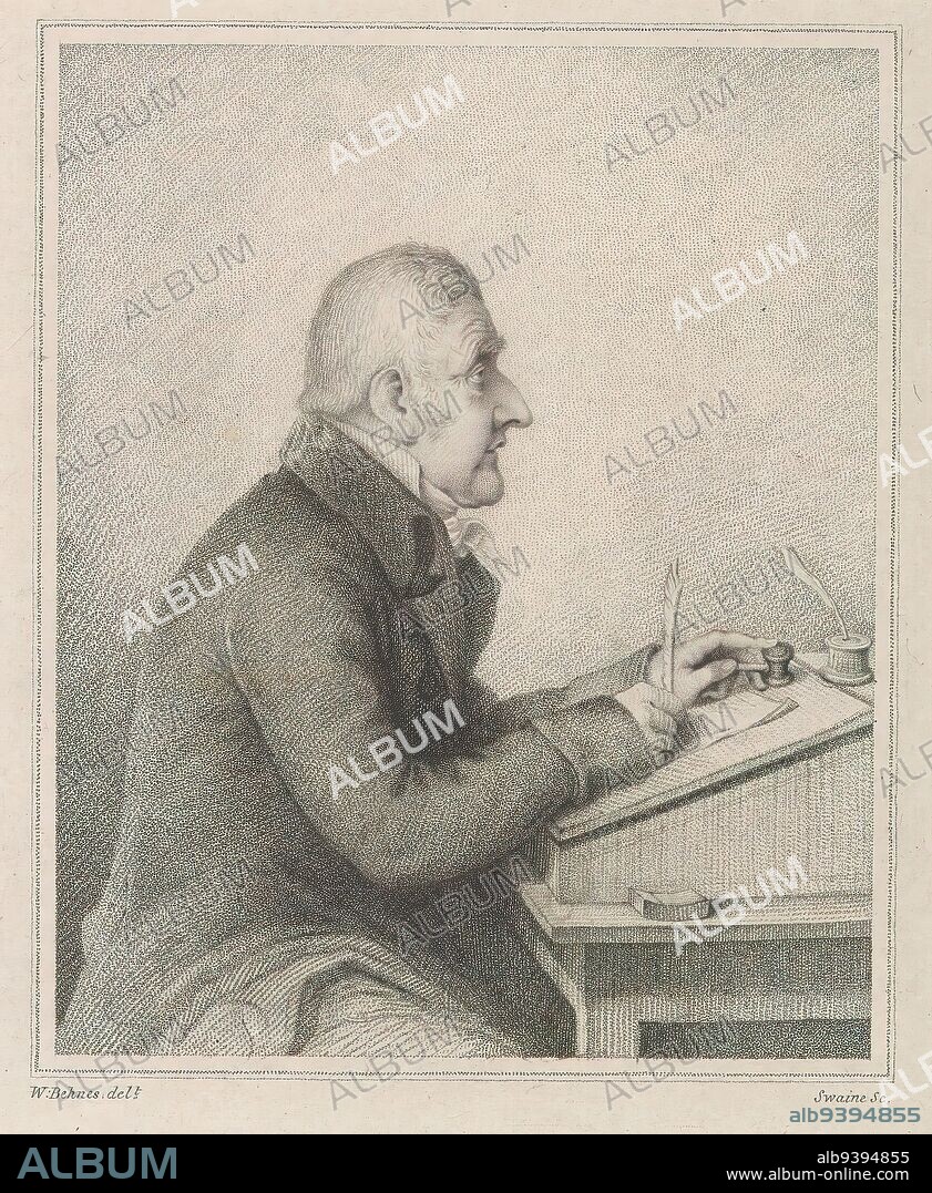 Portrait of auctioneer George Leigh, George Leigh is seated behind a table topped with a writing case, in his hands a hammer and quill., print maker: John Swaine, (mentioned on object), after drawing by: William Behnes, (mentioned on object), London, 1802 - 1860, Material, height 239 mm × width 187 mm.