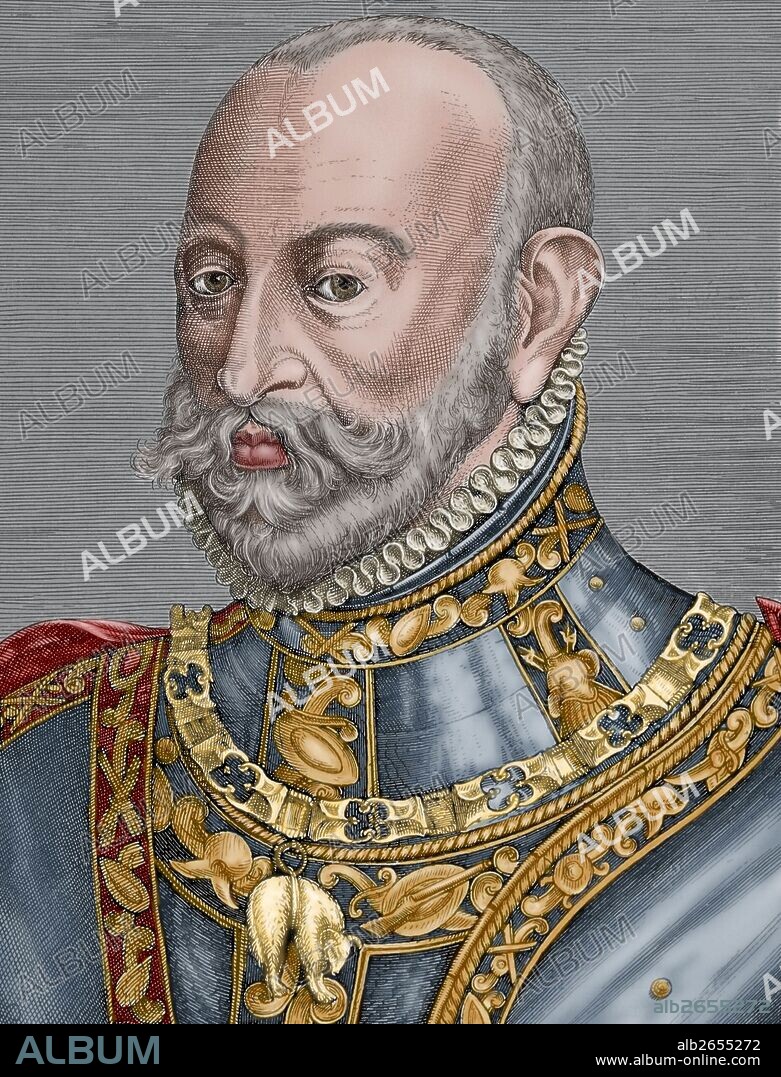 LAMORAL, conde de Egmont (Ellezelle, Bélgica, 1522-Región de Bruselas, 1568). Capitán flamenco al servicio de Felipe II de España. Caballero de la Orden del Toisón de Oro. Se distinguió en el sitio de Argel (1541), en San Quintín (1557) y Gravelinas (1558). Miembro del Consejo de Estado de los Países Bajos (1559). Aunque no secundó el levantamiento contra Felipe II, fue condenado a muerte y ejecutado con el Conde de Horn, en Bruselas. Grabado coloreado.