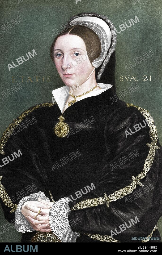 Unknown woman formerly thought to be Catherine Howard (born between 1520 and 1525, died February 13, 1542), 1902. Taken from the book Henry VIII by AF Pollard, 1902. (Colorised black and white print).
