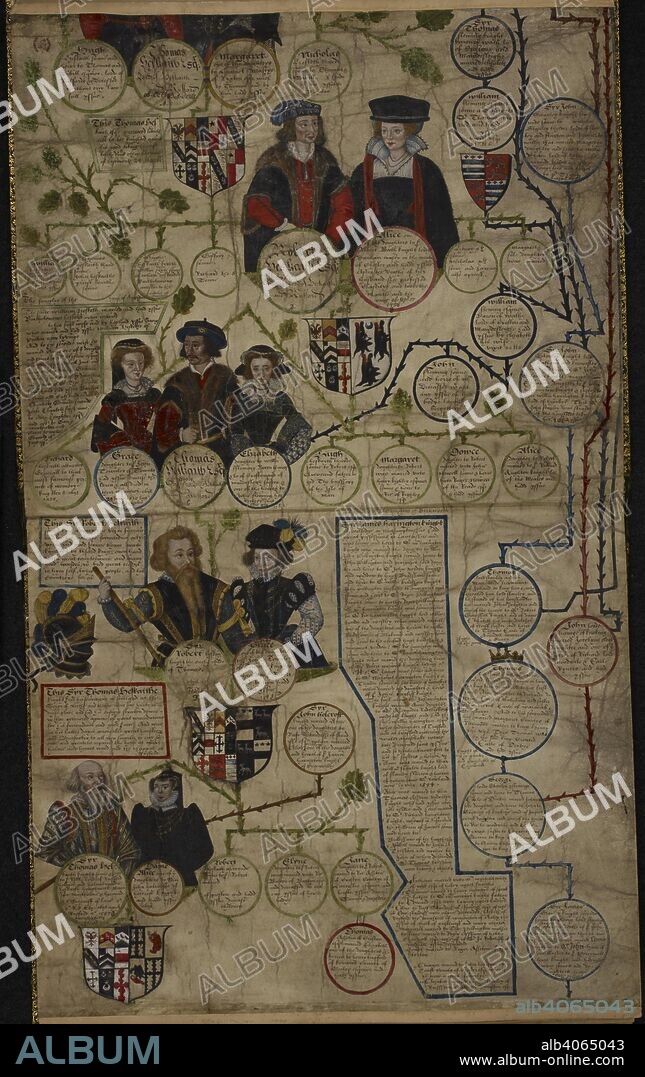 Genealogy of Robert Hesketh [d.1480] and his wife Alice Booth, to Sir Thomas Hesketh [d.1587] and his wife Alice Holcroft; part of an illuminated pedigree, with portraits, and coats of arms, of the Hesketh family of Rufford, co. Lancashire. Pedigree of the Hesketh Family. England; circa 1594. Source: Add. 44026, ff.7v-8. Language: English.