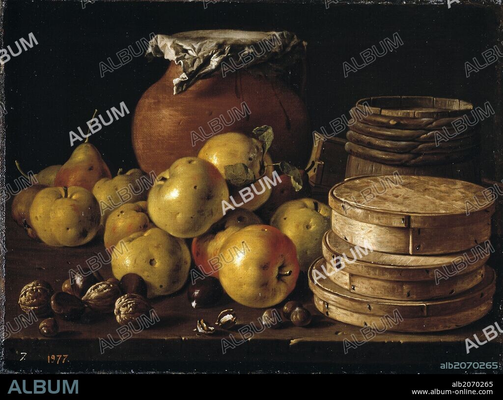LUIS MELÉNDEZ. Luis Egidio Meléndez / 'Bodegón con manzanas, nueces, cajas de dulces y otros recipientes', 1759, Escuela Española, Óleo sobre Lienzo, 36 cm x 49 cm, P00936.