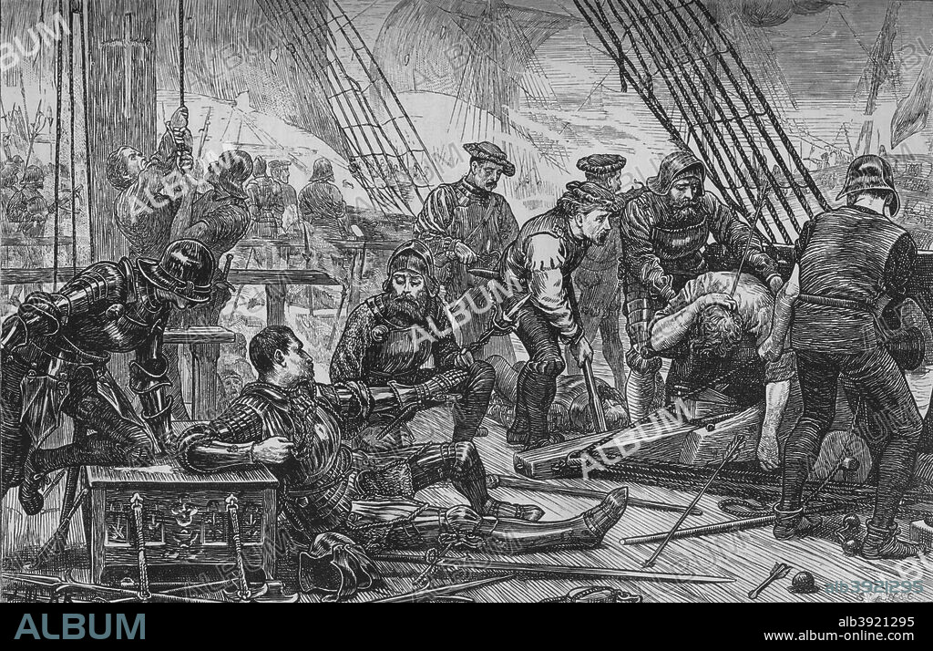 'Death of Sir Andrew Barton',  August 1511, (c1880). Sir Andrew Barton (c1466 -2 August 1511) was a Scottish sailor from Leith, who served as High Admiral of the Kingdom of Scotland,  he became notorious in England and Portugal as a 'pirate'. In 1511, cruising the English coast looking for Portuguese ships he and his ships were captured and after a fierce battle with Sir Edward Howard and his brother Thomas Howard, 3rd Duke of Norfolk, he died of wounds. From British Battles on Land and Sea, Vol. I, by James Grant. [Cassell Petter & Galpin, London, Paris & New York, c1880].