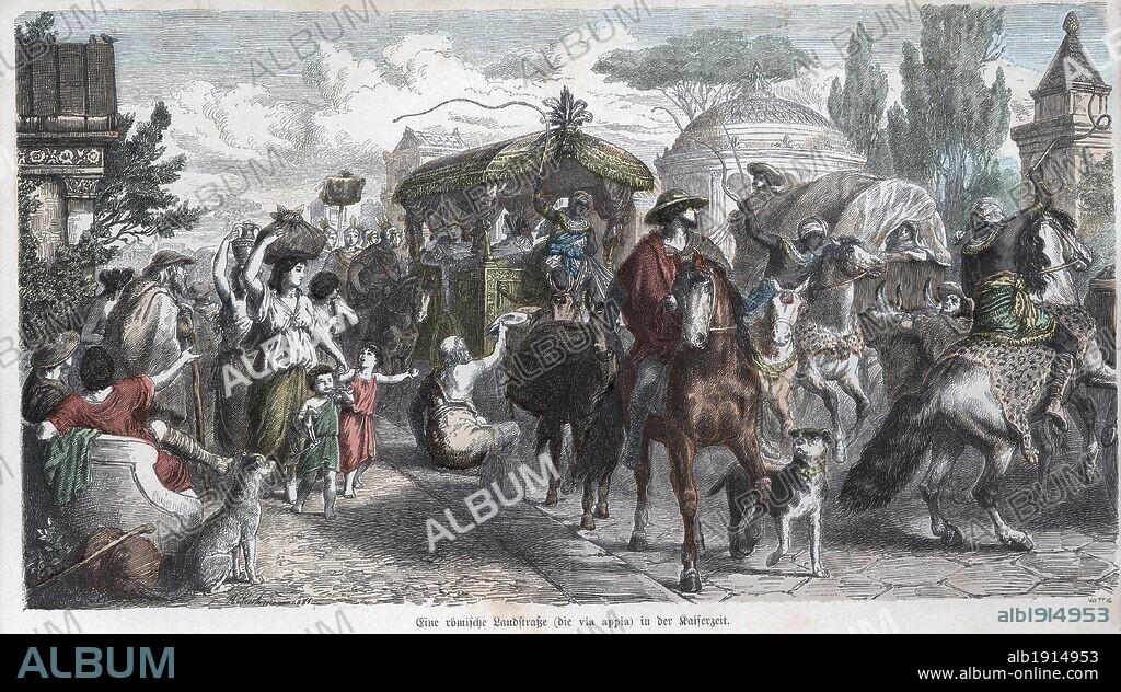 Historia Antigua. Roma. Circulación en la via Apia. Grabado alemán de 1865.