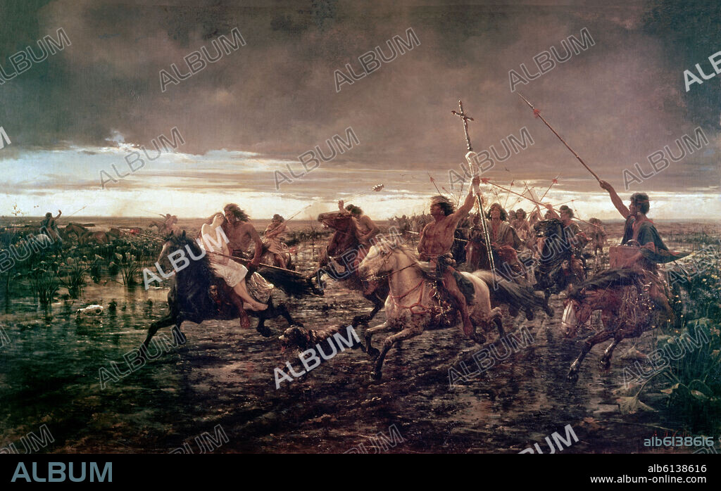 ÁNGEL DELLA VALLE. LA VUELTA DEL MALON- 1882- 80 x 100 cm -PINTURA HISTORICISTA ARGENTINA-.