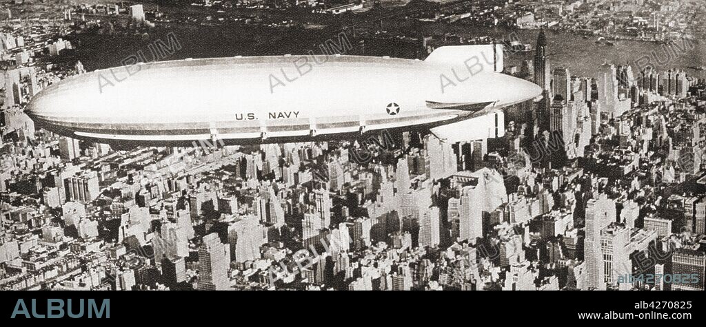 The United States navys helium-filled rigid airship USS Akron ZRS-4 seen here flying over New York City The Akron crashed into the sea off the coast of New Jersey in 1933 during a thunderstorm,  killing 73 of the 76 crewmen and passengers on board From These Tremendous Years,  published 1938.