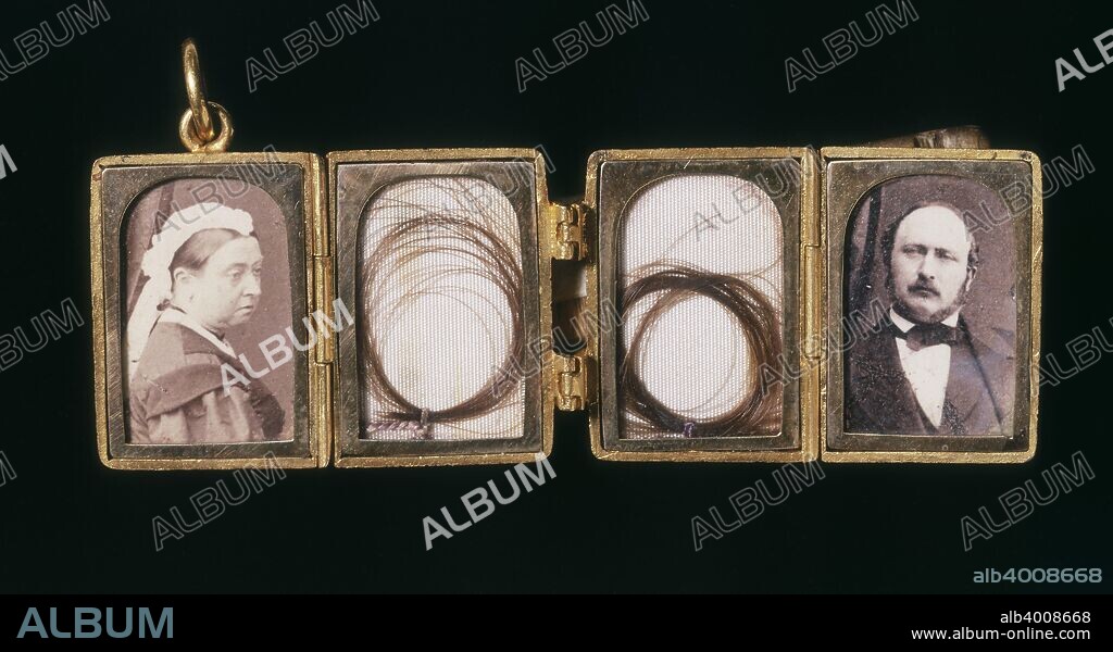 Gold locket said to have been given by Queen Victoria to John Brown, 19th century. Locket with portraits of the queen and Prince Albert, and two locks of hair.