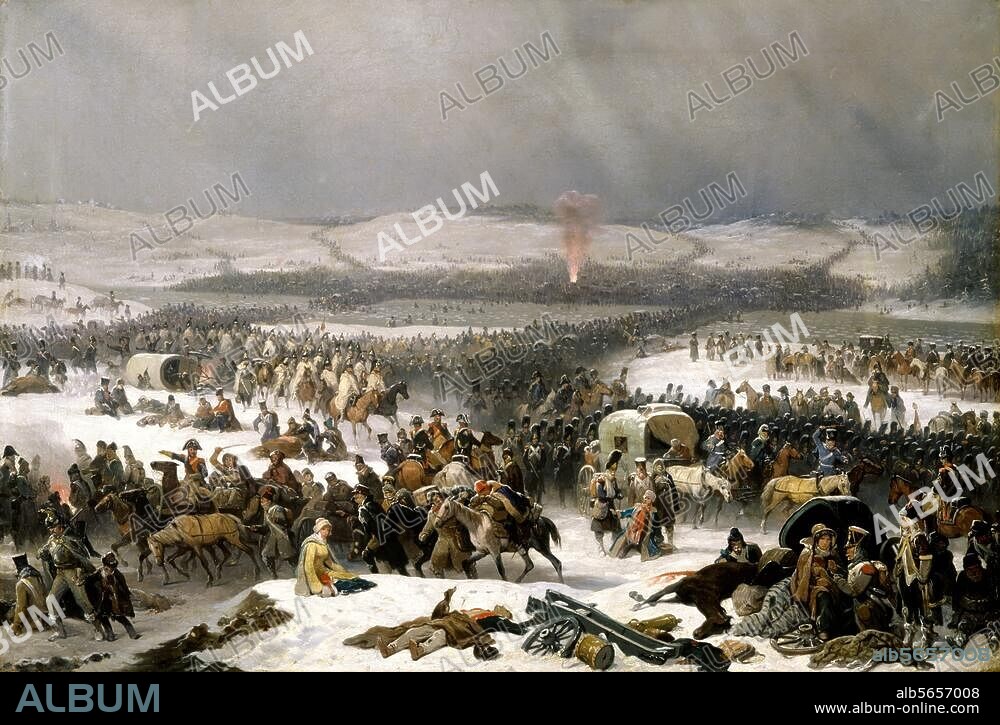 Guerres napoléoniennes :. Campagne de Russie 1812. "Passage de la Berezina". (26-28 novembre 1812, retrait de la Grande Armée française de Russie). Tableau, vers 1859, de January Suchodolski (1797-1875). Huile sur toile, H. 0,52 ; L. 0,77. Poznan, Musée National.