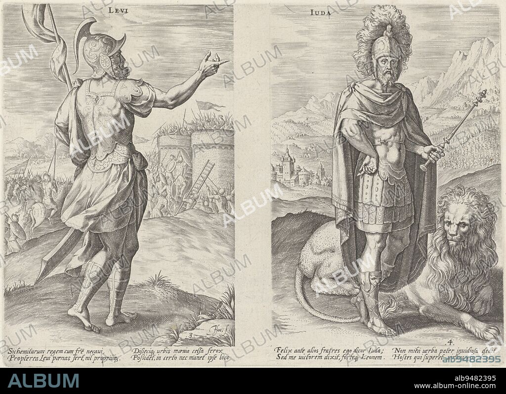 On the left the founding father Levi, Jacob's third son, in armour. In the background the siege of Shechem, which Levi and Simeon destroyed in revenge for dishonoring their sister Dina. On the right, the progenitor Judah, Jacob's fourth son, in armor. At his side a lion, a reference to Judah's nickname 'lion cub,' or to Christ 'the lion of Judah. Each image has a Latin caption, and the sheet contains the third and fourth prints in a series featuring the twelve founding fathers of Israel. Founders of Levi and Judah The Twelve Founders of Israel , print maker: Johann Sadeler (I), (mentioned on object), Crispijn van den Broeck, publisher: Claes Jansz. Visscher (II), print maker: Antwerp, publisher: Amsterdam, 1579 and/or 1639, paper, engraving, h 221 mm × w 304 mm.