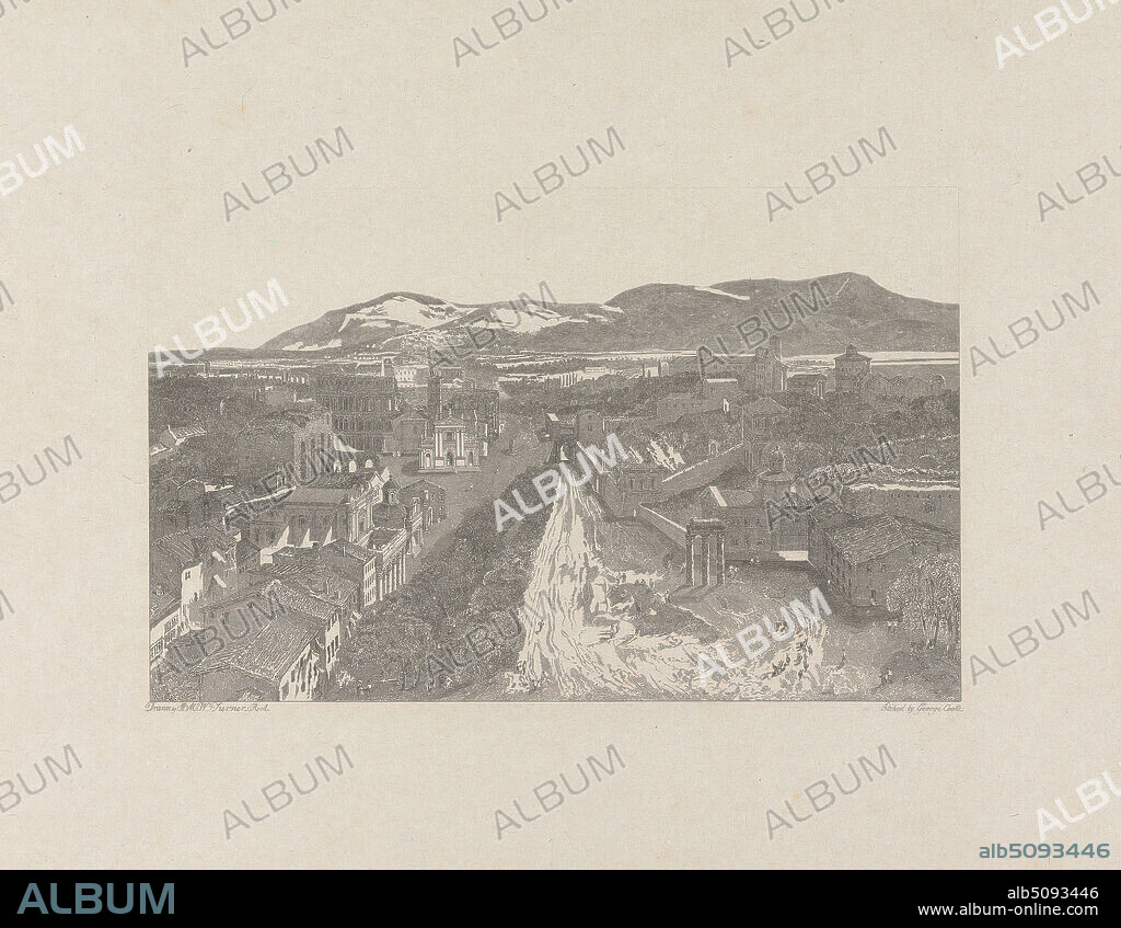 The Roman Forum from the Tower of the Capitol, George Cooke, 17811834, British, after Joseph Mallord William Turner, 17751851, British, 1818, Line engraving, and etching, engraver's proof (very early) on moderately thick, moderately textured, cream, wove paper, with cream, chine colle, Sheet: 11 1/2 × 17 1/2 inches (29.2 × 44.5 cm), Plate: 10 1/16 × 13 1/16 inches (25.6 × 33.2 cm), Chine collé: 9 1/2 × 12 5/8 inches (24.1 × 32.1 cm), and Image: 4 5/8 × 8 3/4 inches (11.7 × 22.2 cm).