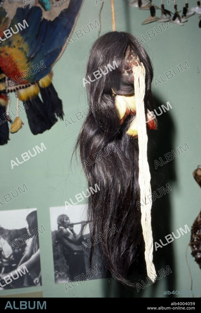 South American Indian Shrunken Head, Jivaro Tribe, Amazonia. A shrunken head is a severed and specially prepared human head that is used for trophy, ritual, or trade purposes.