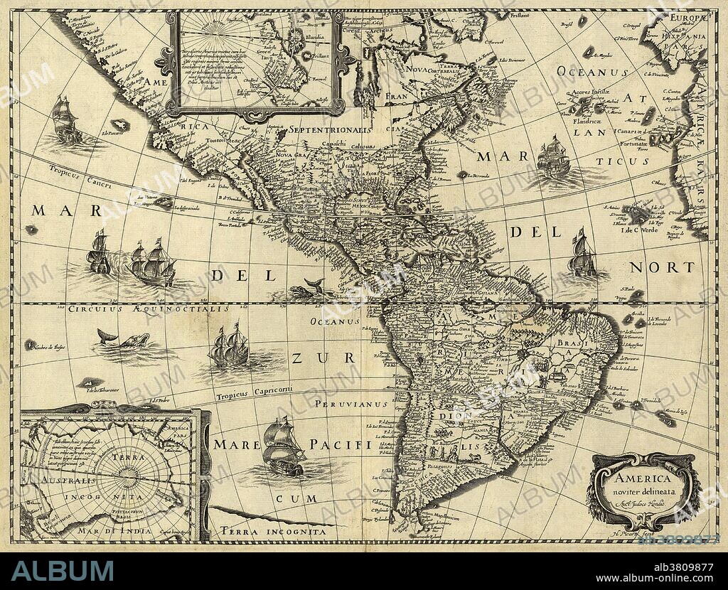 17th century map of the Americas. Published in Paris around 1640, this map is by the Flemish cartographer Jodocus Hondius (1563-1612). The map shows the geography of the Americas, the New World being explored by Europeans. Most of Central and South America, and southern North America, were under Spanish control, but large parts of eastern North America were part of the French colony of New France. The map title is at lower right, with insets at lower left and upper center showing the southern and northern polar regions. Artworks of sailing ships are shown on the sea, along with sea monsters. The inscriptions are in Latin.