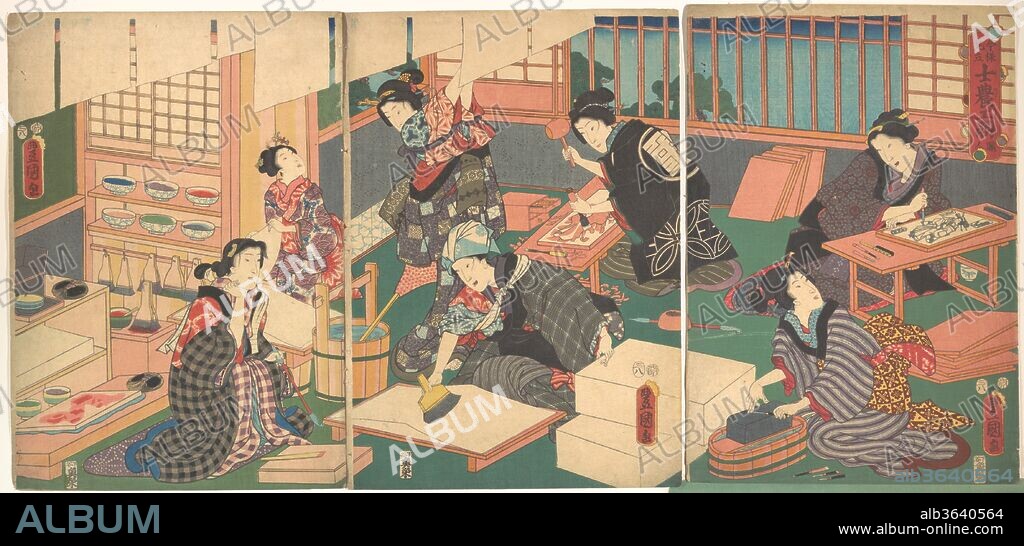 Artisans, from the series "An Up-to-Date Parody of the Four Classes". Artist: Utagawa Kunisada (Japanese, 1786-1865). Culture: Japan. Dimensions: Each 10 x 14 1/2 in. (25.4 x 36.8 cm). Date: 19th century.
To represent artisans, one of the four classes (warriors, farmers, artisans, and merchants) of the Edo period, Kunisada replaced the men more typical of the theme with pretty women and illustrated the interior of a woodblock printer's atelier. The woman at a table at the right is incising fine lines into a woodblock through a sheet of paper bearing an artist's painted design. In the center near the window, another woman is using a gouge and mallet to remove unwanted wood from another block. The woman in the center foreground is applying sizing to a sheet of paper. At the left, in front of a printing alcove, a female printer is waiting for these preparations to be completed.