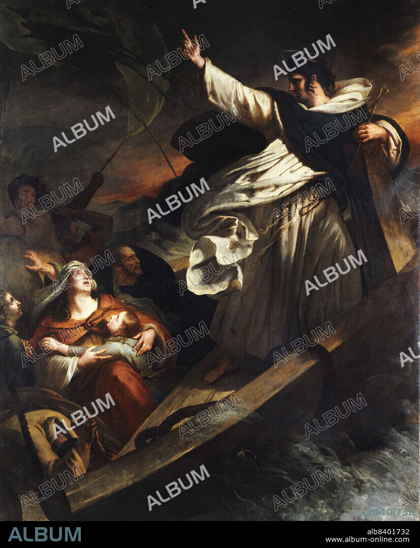 ARY SCHEFFER. Saint Thomas d'Aquin prêchant la confiance en Dieu pendant la tempête, 1823. St Thomas Aquinas declares his confidence in God during the storm. Passengers cower in the storm-tossed boat as the saint, in profile, points to the sky with confidence. He holds a cross, with a rosary at his waist.