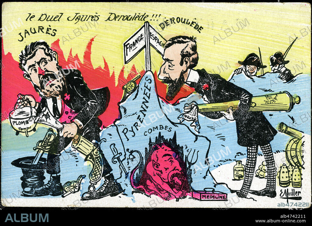 Le duel Jean JAURES-DEROULEDE. En 1904 Jaures demande reparation a Paul Deroulede (exile en Espagne) le chef de la ligue des patriotes qui dit qu'il est "le plus odieux pervertisseur de conscience qui ait jamais fait en France le jeu de l'etranger" Le duel se reduit a un inoffensif echange de coups de feu qui est longuement raille dans la presse de l'epoque, et egalement fait l'objet de cartes postales satiriques comme celle ci. Illustration par E. MULLER (ne en 1879) pour une carte postale en 1904. Credit Collection Dixmier/KHARBINE-TAPABOR.