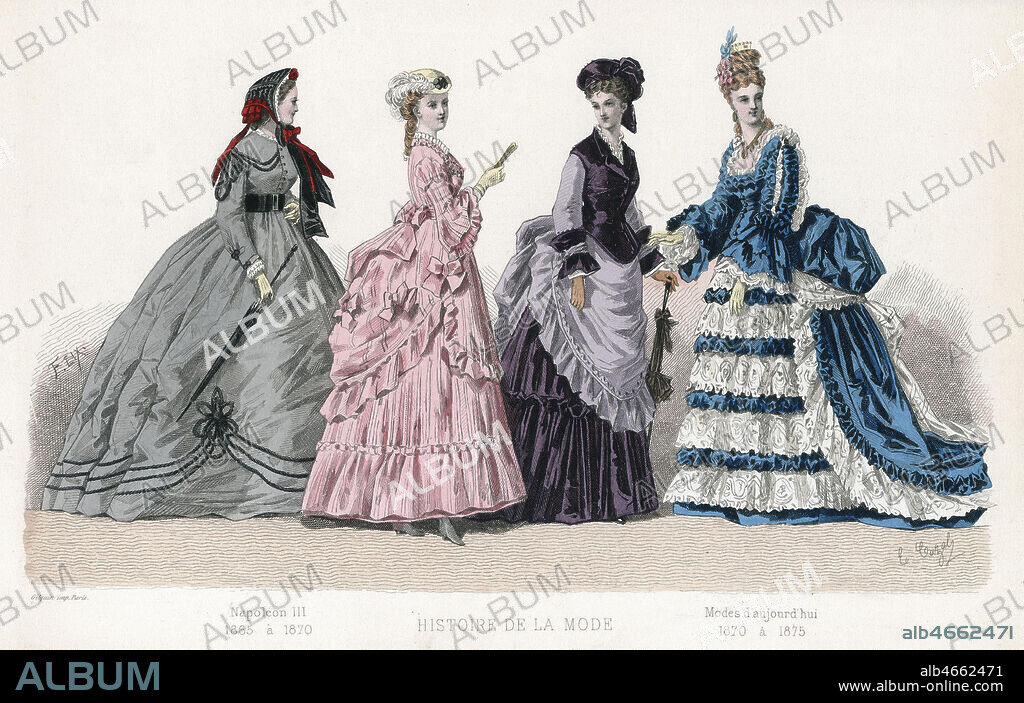 La mode sous Napoleon III a aujourd'hui (1865 a 1875). Illustration de 1875 par Friedrich LIX (1830-1897) pour Histoire de la mode en France par Augustin CHALLAMEL (1818-1894). Credit : Collection Jonas/Kharbine-Tapabor.