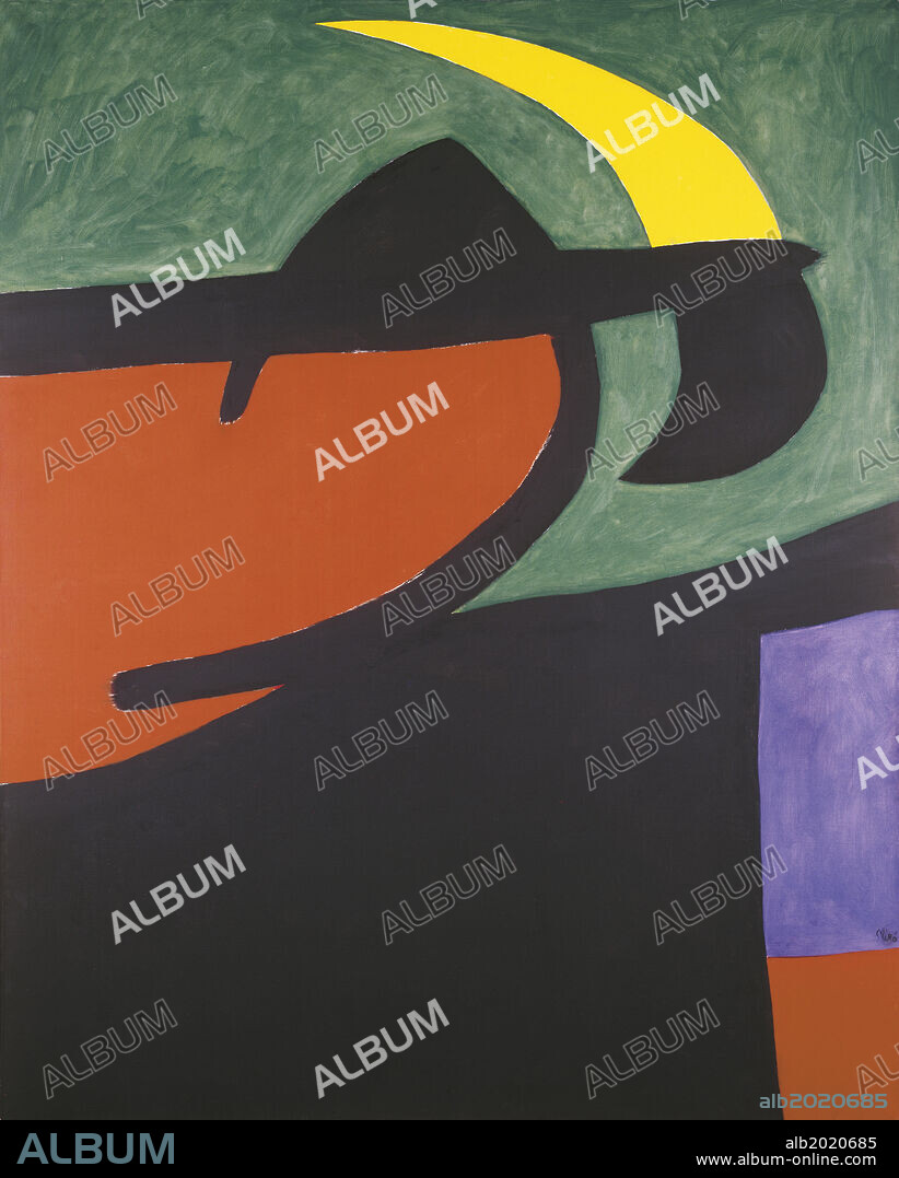 JOAN MIRÓ. Catalan Peasant in the Moonlight (Paysan catalan au clair de lune), by Joan Mirî, 1968, 20th Century, acrylic on canvas, 162 x 130 cm. Spain, Barcelona, Fundaciî Joan Mirî. Whole artwork view. A rural landscape created with abstract shapes, can be recognized the silhouette of a farmer working in the moonlight.