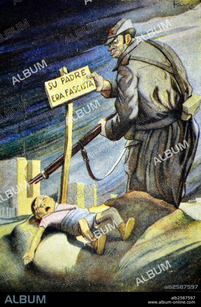We are advocates for children'.  Spanish Civil war, anti-republican propaganda illustration by Carlos Sáenz de Tejada .