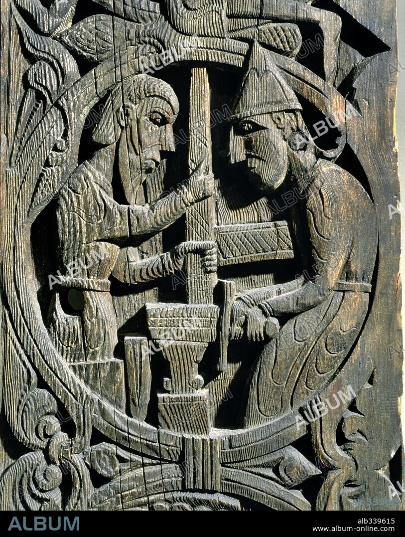 Nordic saga or legend of Siegfried or Sigurd showing testing of sword on anvil by smith Regin XIIth century wood.