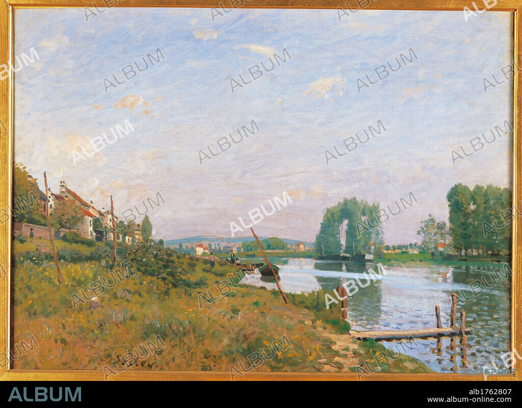 The Island of Saint Denis, by Alfred Sisley, 1872, 19th Century, oil on canvas, cm 50,5 x 65. France, Ile de France, Paris, Muse dOrsay, RF2435. All. Canal boats island of Saint Denis tree bushes sky clouds house river water bank.