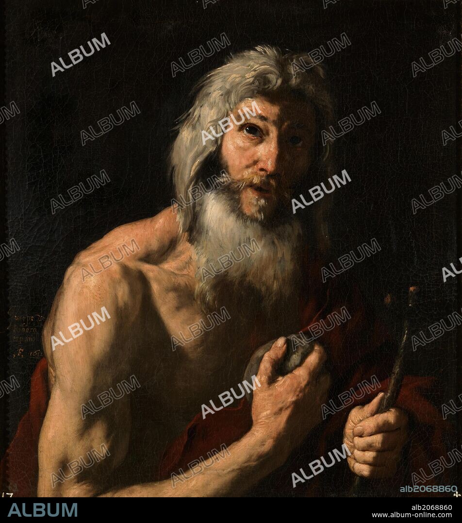 JOSE DE RIBERA 'LO SPAGNOLETTO'. José de Ribera / 'San Jerónimo penitente', 1652, Escuela Española, Óleo sobre Lienzo, 77,2 cm x 71,8 cm, P01098.