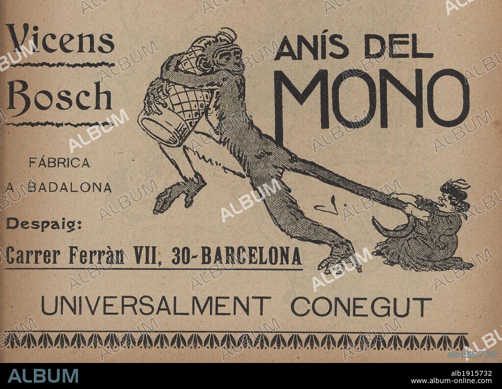 Publicidad de un taco de calendario Cucut de 1909. Dibujos de Joan Junceda. Anís del Mono.