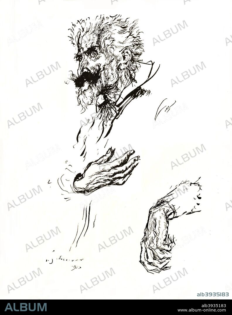 'Don Quixote. Pen Sketch from 'Line: An Art Study', 1923. A Spanish novel by Miguel de Cervantes Saavedra. Published in two volumes, in 1605 and 1615, Don Quixote is considered the most influential work of literature from the Spanish Golden Age and the entire Spanish literary canon. From British Book Illustration - Yesterday and To-day edited by Geoffrey Holme. [The Studio, Ltd., London, 1923].