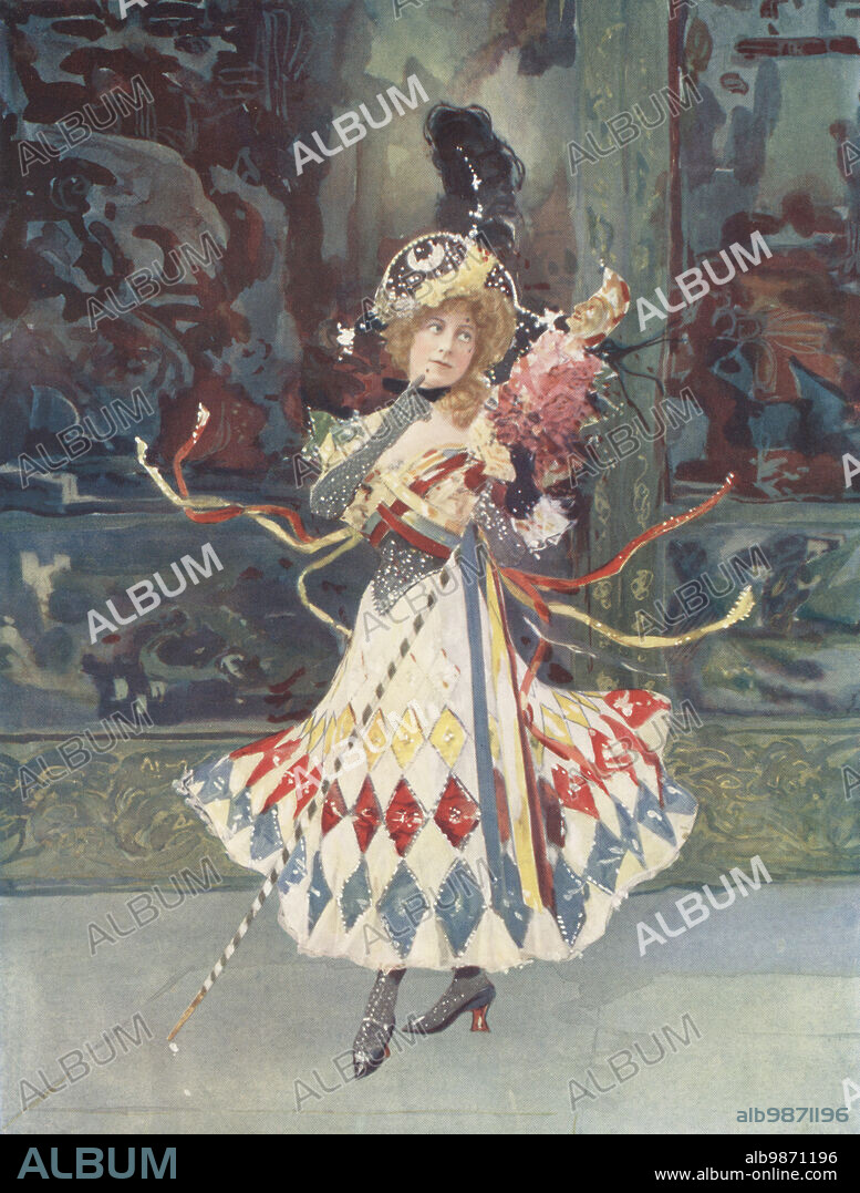Miss Katie Seymour as Alice in The Runaway Girl, a musical comedy by Seymour Hicks and Ivan Caryll at the Gaiety, 1898. Katie Seymour, British Victorian burlesque and Edwardian musical comedy singer and dancer, 1870-1903. Photograph by Alfred Ellis and Walery (Stanislaw Julian Ignacy). Colour printing of a hand-coloured illustration based on a monochrome photograph from George Newness Players of the Day, London, 1905.