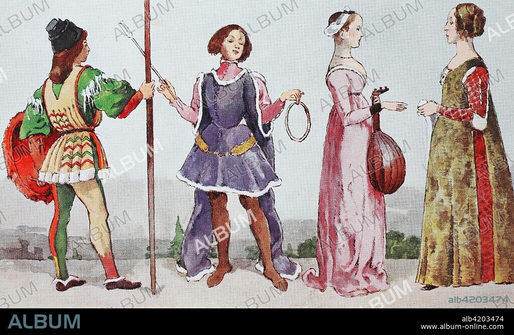 Clothing, fashion in Italy at the time of the early Renaissance around 1460-1490, from left, Italian youth with shield and lance, then a Ferrareser Stutzer, then a girl in Ferrarer costume and a Florentine patrician in 1490, digital improved reproduction from an original from the year 1900.