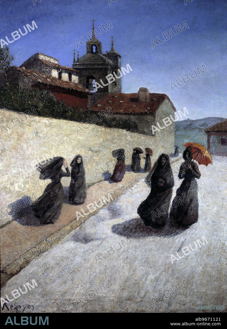 DARIO DE REGOYOS. DARIO REGOYOS. PINTOR ESPAÑOL 1857-1913. " PASEO JUNTO A LA IGLESIA " OLEO.