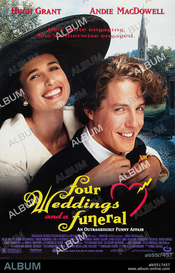 Poster of FOUR WEDDINGS AND A FUNERAL, 1994, directed by MIKE NEWELL. Copyright GRAMERCY PICTURES.