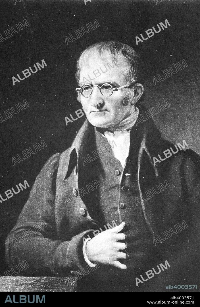 John Dalton, English chemist, c1834 (1902). As a Quaker, Dalton (1766-1844) could not attend an English university, so supported himself by teaching. He studied gases, and in 1808 proposed his atomic theory. In 1794 he was the first to describe colour blindness (Daltonism) from which both he and his brother suffered. He kept a meteorological diary for many years and amassed some 200,000 observations.