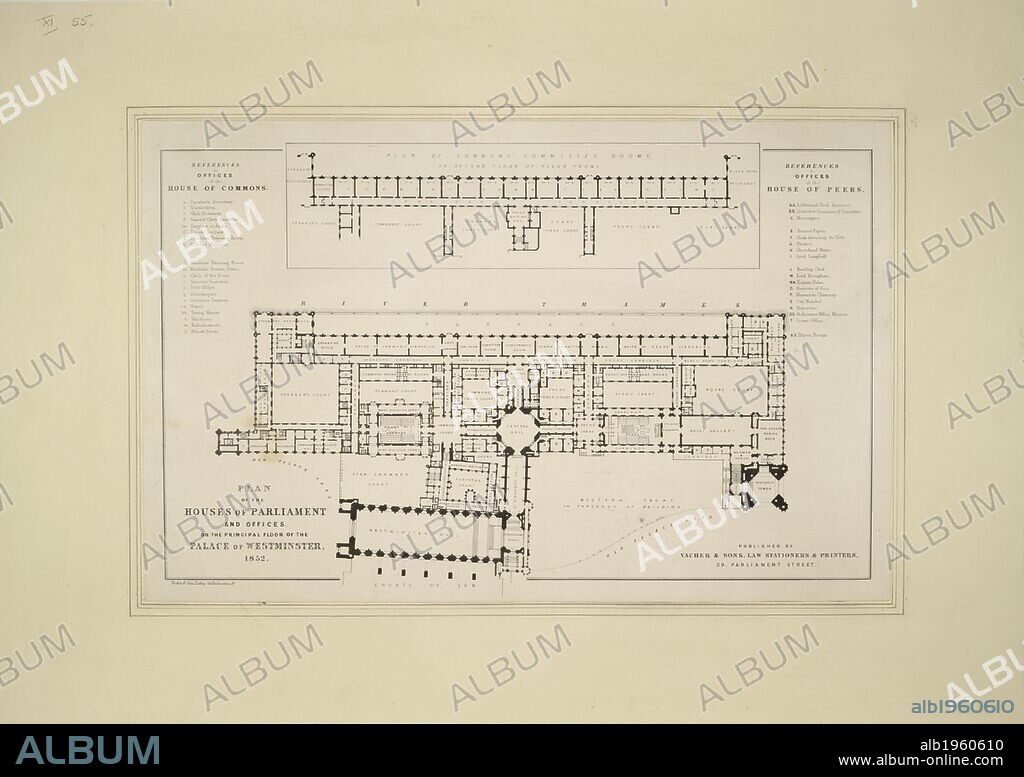 The Houses of Parliament. 1852. Plan of the Houses of Parliament and offices on the principal floor of the Palace of Westminster, 1852.  Originally published/produced in 1852. . Source: Maps.Crace.11.55,. Language: English.