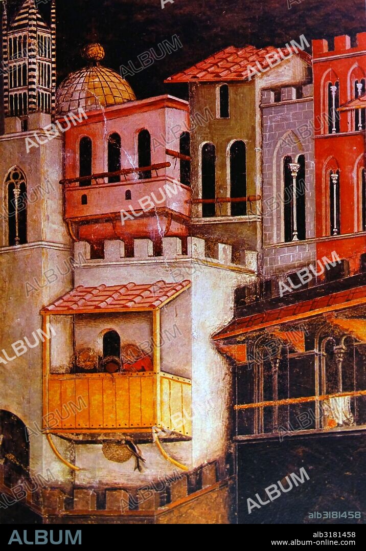 Painting titled "The swallow under the Altana" by Ambrogio Lorenzetti (1290-1348)  Italian painter of the Sienese school. Dated 14th Century.