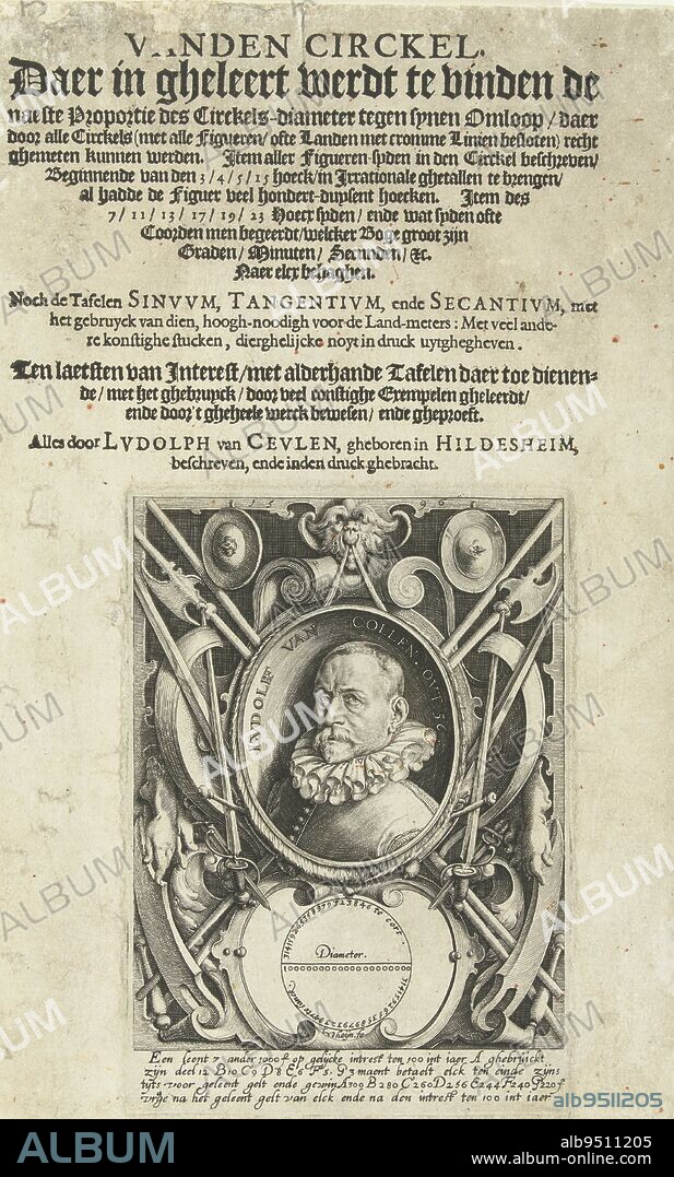 Title page Ludolf van Ceulen, Vanden circkel (Delft 1596). Bust of Ludolf van Ceulen (Hildesheim, 28 January 1540 - Leiden, 31 December 1610) at age 56, with collar unfolded, in oval with edge lettering, framed in ornamental frame with scrollwork and arms. Below the portrait an image of a circle with a description of the number pi. Below the image a four-line Dutch caption. Around the print, title information in letterpress. Van Ceulen was a fencer and mathematician. He was appointed (according to Meursius in 1599, according to the Curators' resolutions on 10 January 1600) on the recommendation of Prince Maurits together with Simon Fransz. van Merwen as professor in the 'Nederduytsche mathematicque' in Leiden. Calculated the number pi (the ratio between the circumference and the diameter of a circle) in 35 decimal places, Title page Ludolf van Ceulen, Vanden circkel (Delft 1596), with portrait of Ludolf van Ceulen at the age of 56, print maker: Jacob de Gheyn (II), (mentioned on object), printer: Jan Andriesz Cloeting, (mentioned on object), print maker: Leiden, printer: Delft, 1596, paper, engraving, letterpress printing, h 292 mm × w 171 mm, h 153 mm × w 108 mm.
