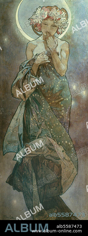 ALPHONSE MUCHA. Mucha, Alfons. 1860-1939. "clair de lune", 1902. D'une série de quatre esquisse pour les panneaux décoratifs "Les étoiles". Feder und Wasserfarben, 56 × 21 cm. Mucha Trust.