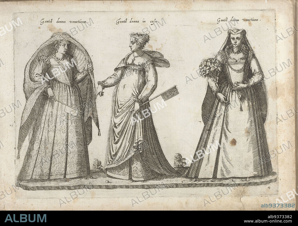 Three women, dressed according to Venetian fashion ca. 1580, Gentil donna venetiana, Gentil donna in casa, Gentil donna venetiana (title on object), On the left a noblewoman from Venice, a flag in her right hand. In the center, a woman in home clothes, to the left, a little flag in her left hand. On the right, a widow, seen from the front, a large feather fan in the right hand. Print No. 4 from album 'Dei veri ritratti degl'habiti di tvtte le parti del mondo intagliati in rame per opra di Bartolomeo Grassi', 1585., publisher: Bartolomeo Grassi, in or before 1585, paper, engraving.