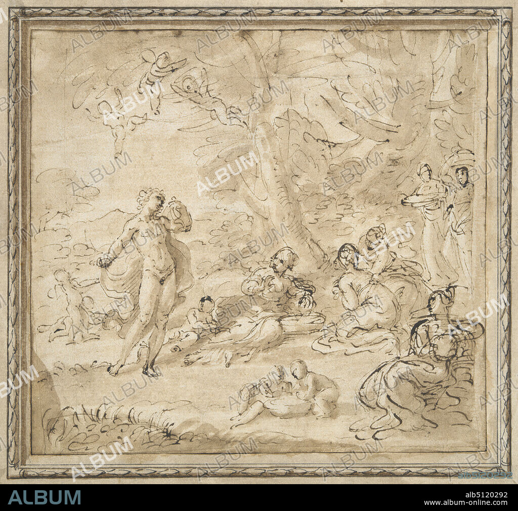 Artist: Pier Francesco Mola, Italian, 1612-1666, Artist, formerly attributed to: Unknown, Apollo and Daphne, mid-17th century, Pen and brown ink and brown wash; ornamental border imitating a frame, 18.2 × 19.6 cm (7 3/16 × 7 11/16 in.), Italian, 17th century, Works on Paper - Drawings and Watercolors.