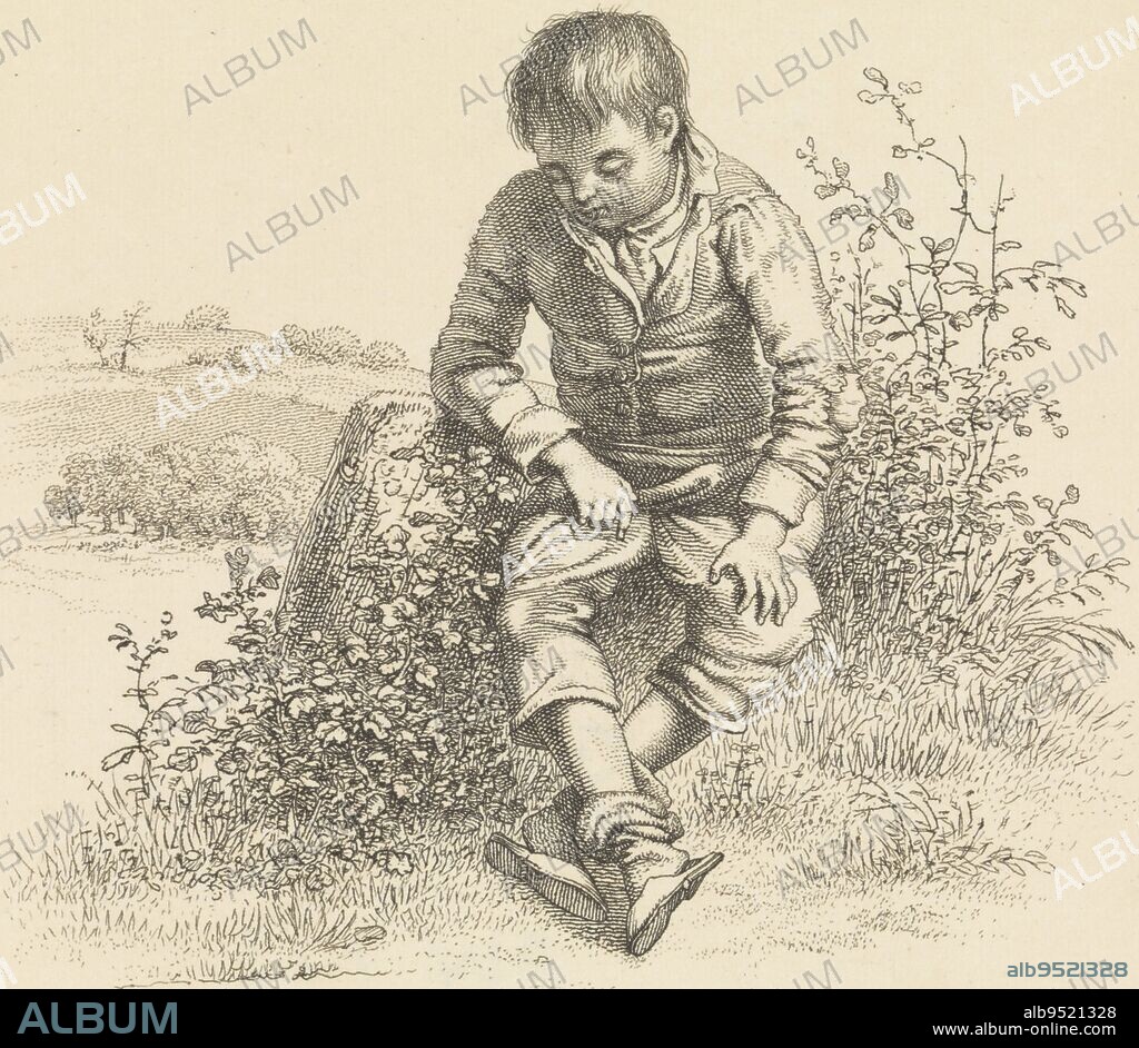 Seated boy in a landscape Study print, Etudes grav, print maker: Jacob Ernst Marcus, (mentioned on object), Amsterdam, May-1816, paper, etching, h 128 mm × w 150 mm.